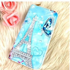 NWT Paris Eiffel Tower Long Zipper Wallet Blue Bling design